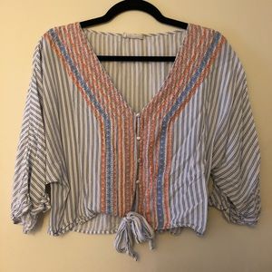 Altar’d State Floral Embroidered Striped Button Up Top